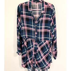 Plus Women's Navy Multi Plaid Long Sleeve Button Front Roll Tab Shirt Size XXL
